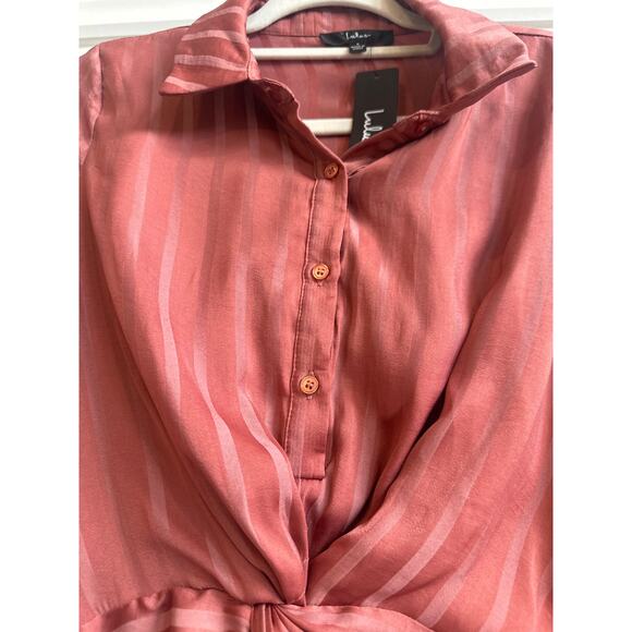 Lulus Rusty Rose Satin Collar Twist Front with Buttons Statement Blouse - Picture 4 of 8